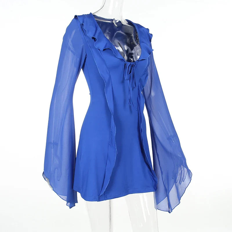 שמלת מיני בעיטור מלמלה שרוולי שיפון פעמון - פליס