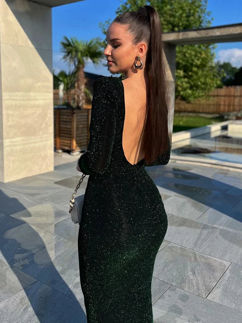 שמלת מידי נצנצים צמודה גב פתוח - Rosemary