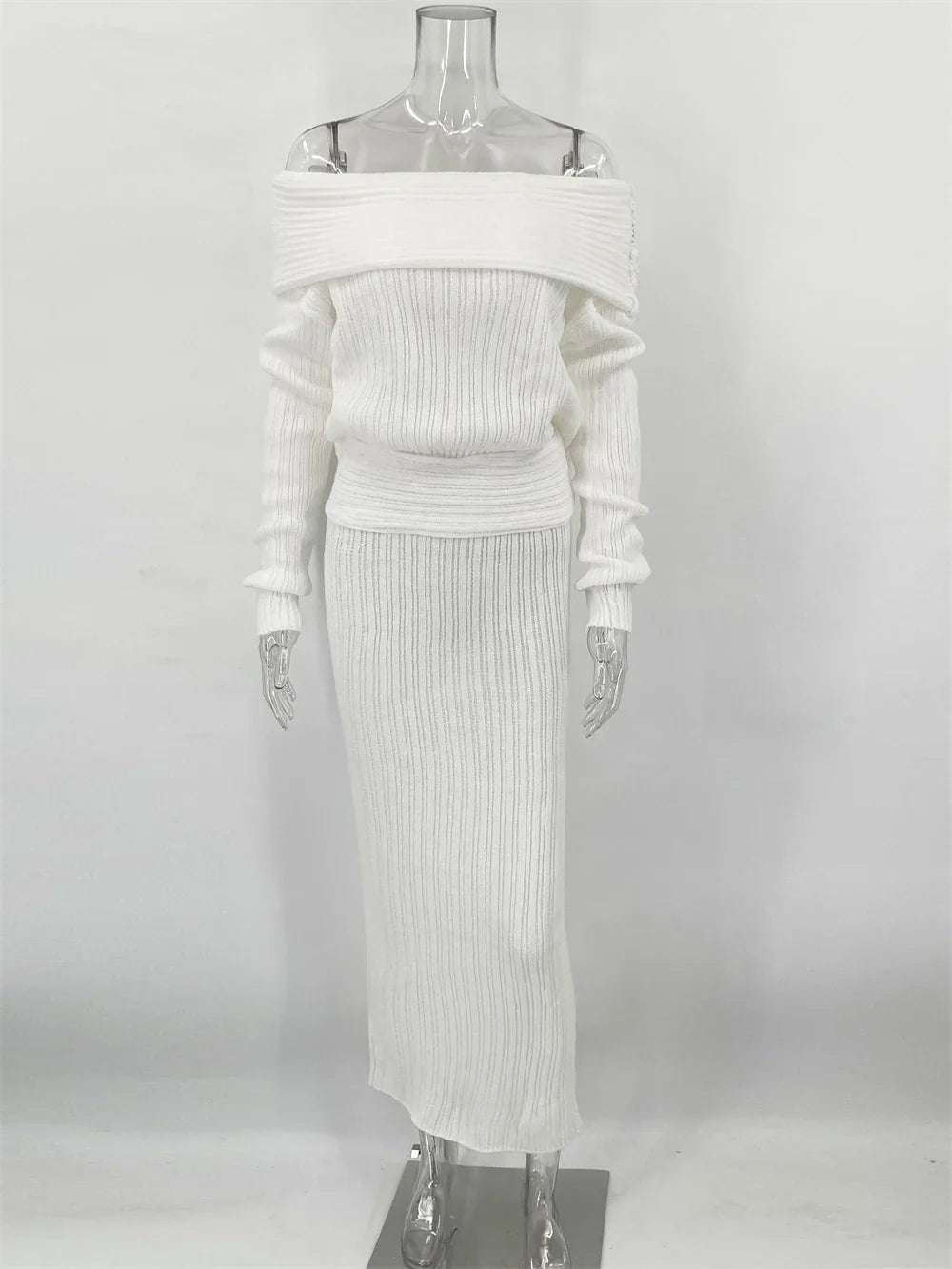 סט סריג שני חלקים חולצת כתפיים חשופות וחצאית מקסי - אילונה