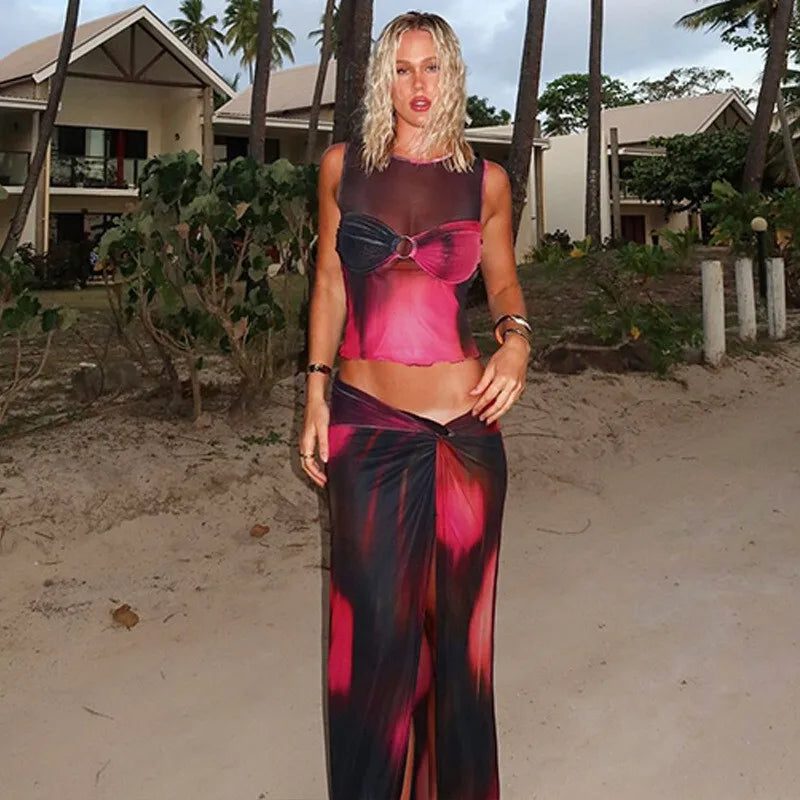 Two-piece set of mesh fabric with tie-dye design, top and maxi skirt with slit decoration - Florence