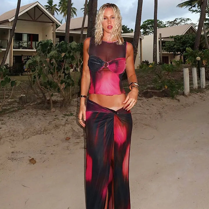 Two-piece set of mesh fabric with tie-dye design, top and maxi skirt with slit decoration - Florence