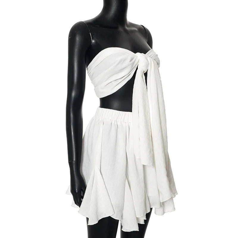 סט שני חלקים פשתן טופ סטרפלס קשירה וחצאית מיני מלמלה - לולה