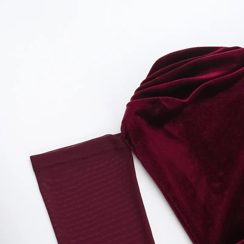 שמלת מידי קטיפה בעיטור קיפולים כתפיים חשופות שרוולי רשת - Johanna