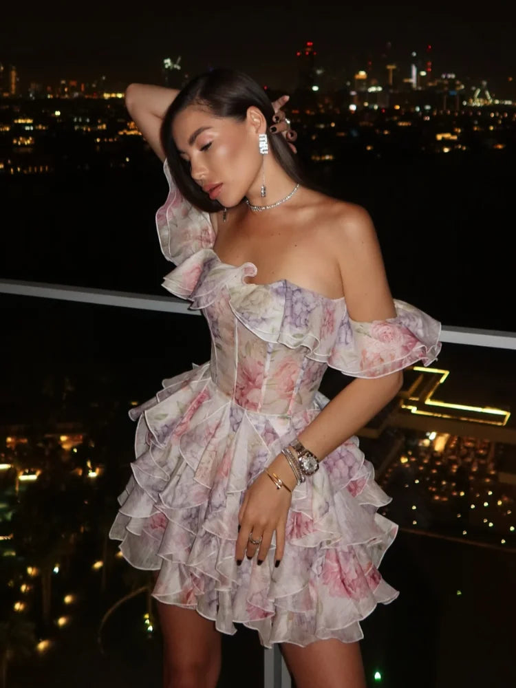 שמלת מיני מלמלה כתפיים חשופות בעיצוב פרחוני - ליסה