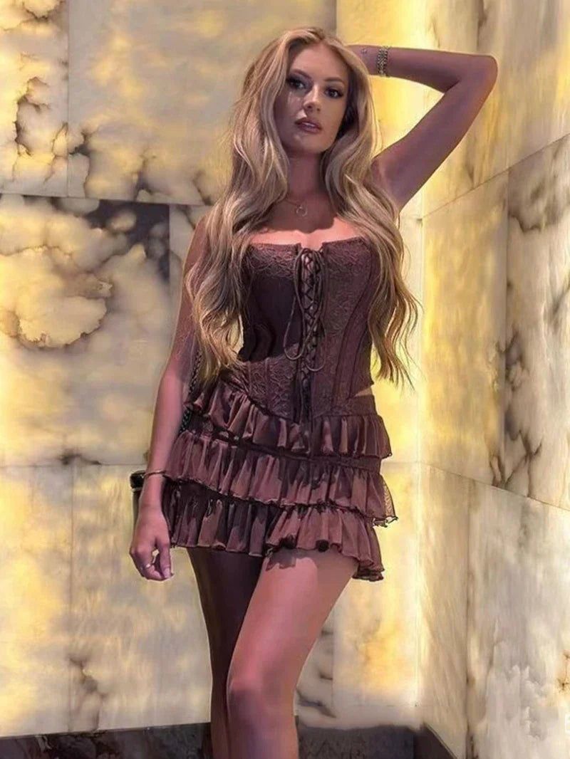 סט שני חלקים טופ מחוך קשירות וחצאית מלמלה מדורגת סטייל וינטג' - סורנטו