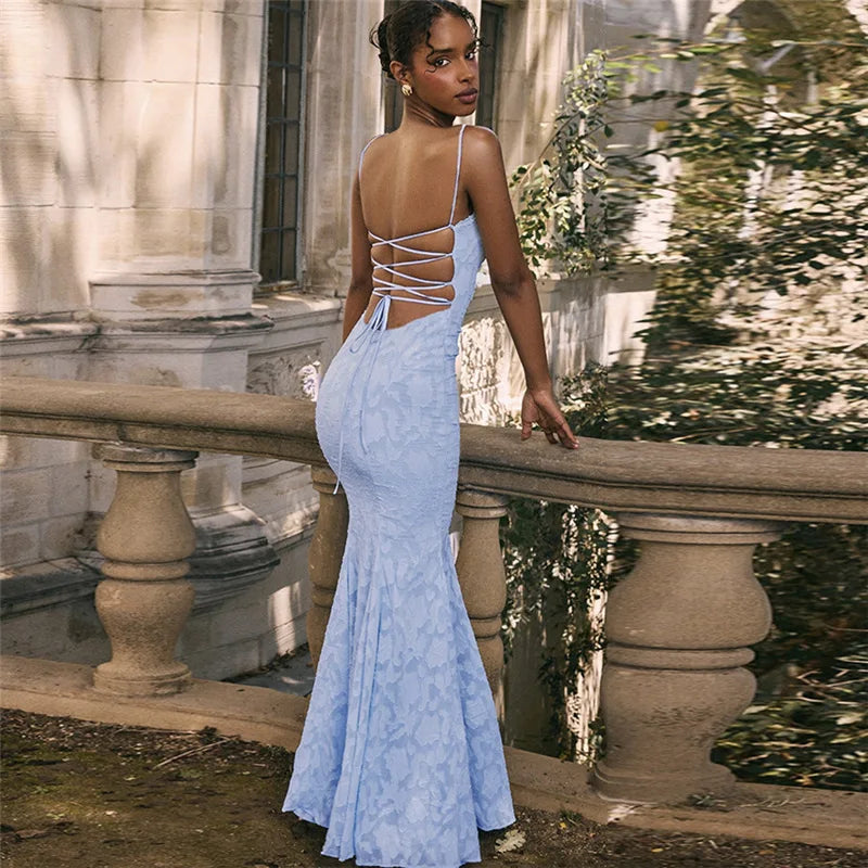 שמלת מקסי שיפון בעיטור רקמת עלים קשירה בגב להצמדה במותן - מונה ליז