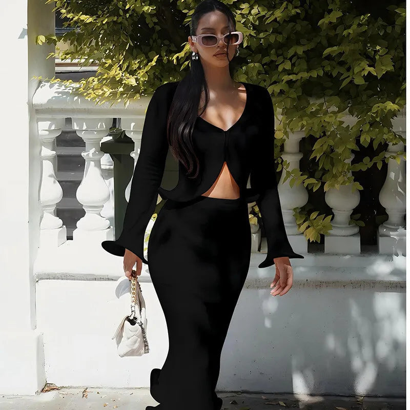 סט שני חלקים סרוג חולצה בסגירת כפתורים וחצאית מקסי - PARIS