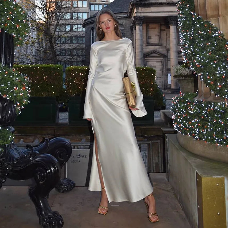 שמלת ערב מקסי סאטן גב פתוח בשילוב שסע ושרוולי פעמון  - מריאן