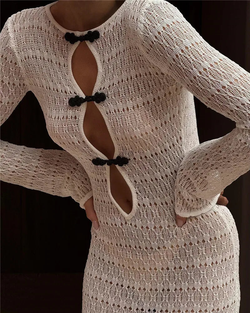 שמלת מקסי חוף סרוגה בעיטור סיכות בעיטור קשירה בגב פתוח - Mikayla