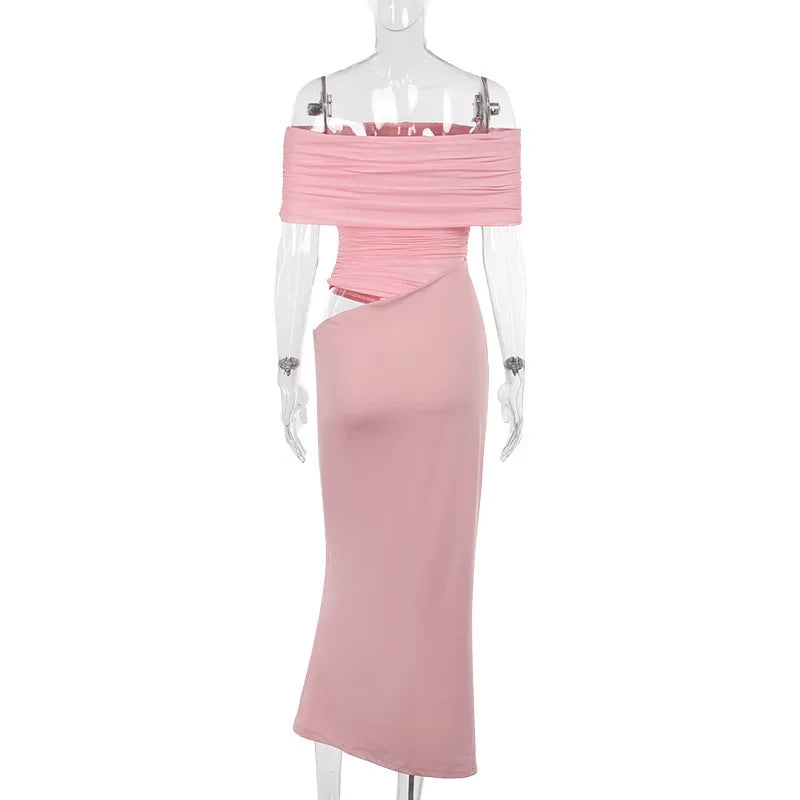 שמלת מקסי כיווצים בעיצוב רשת וכתפיים חשופות - קשת