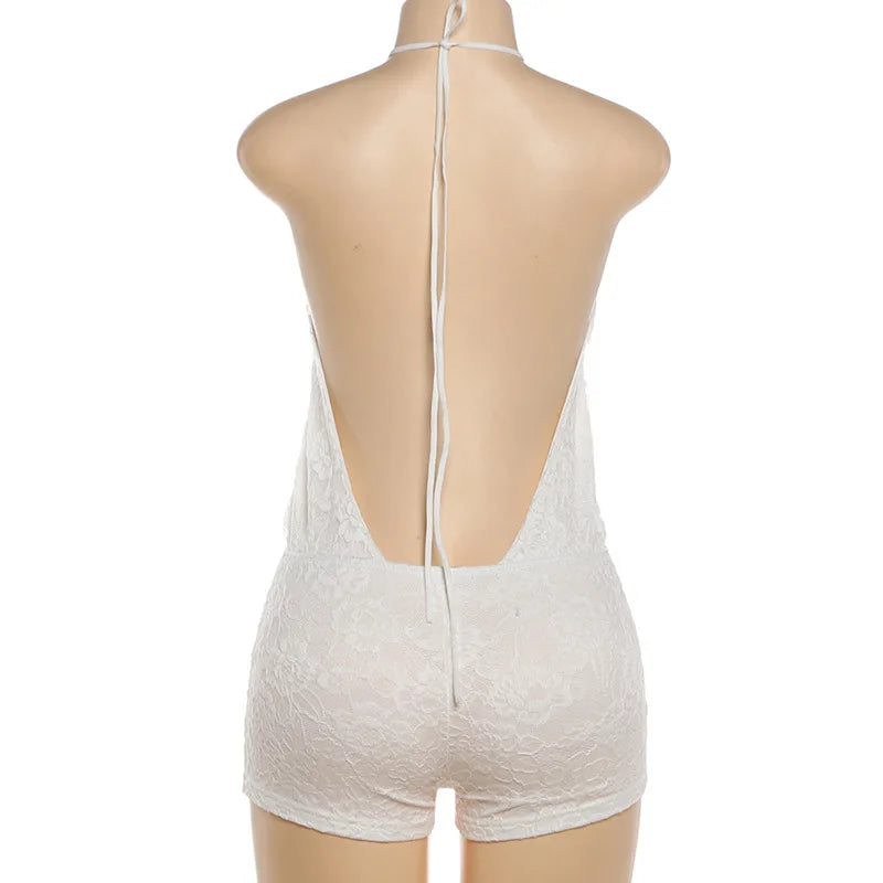 Short lace jumpsuit with a neck tie and open back - Lis
