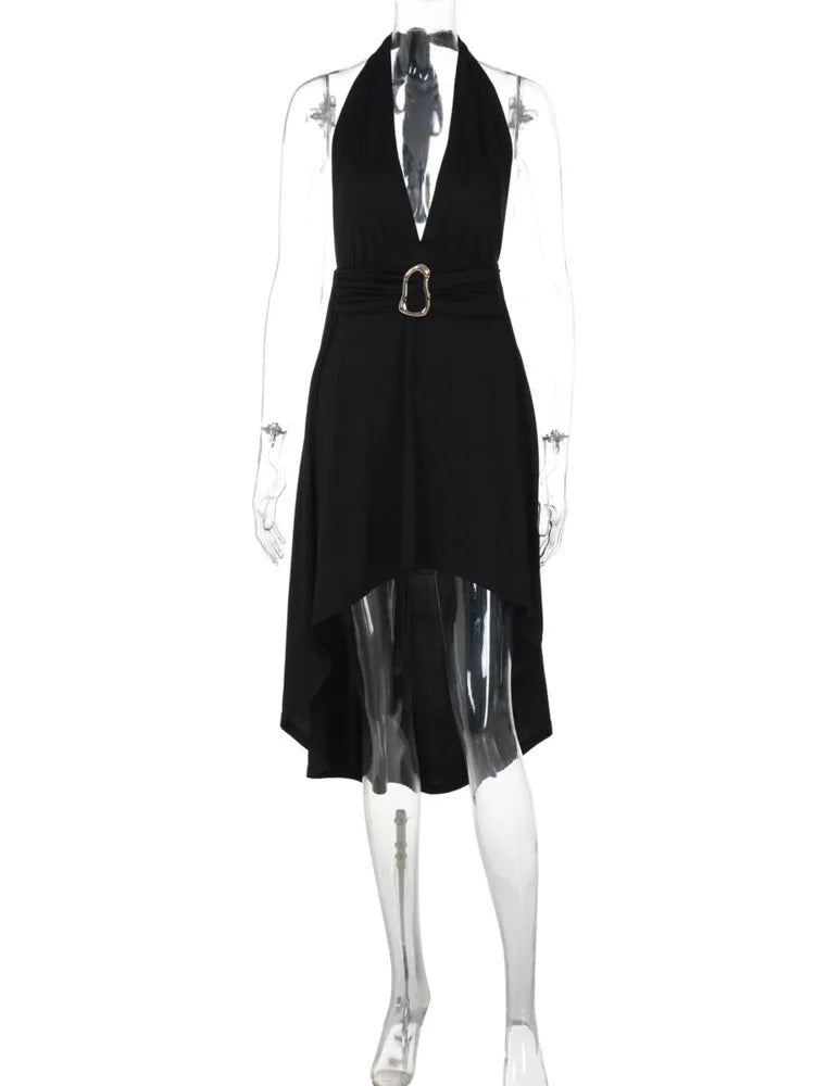 שמלת מידי אסימטרית קשירה בצוואר גב פתוח בעיטור אבזם - ליאון