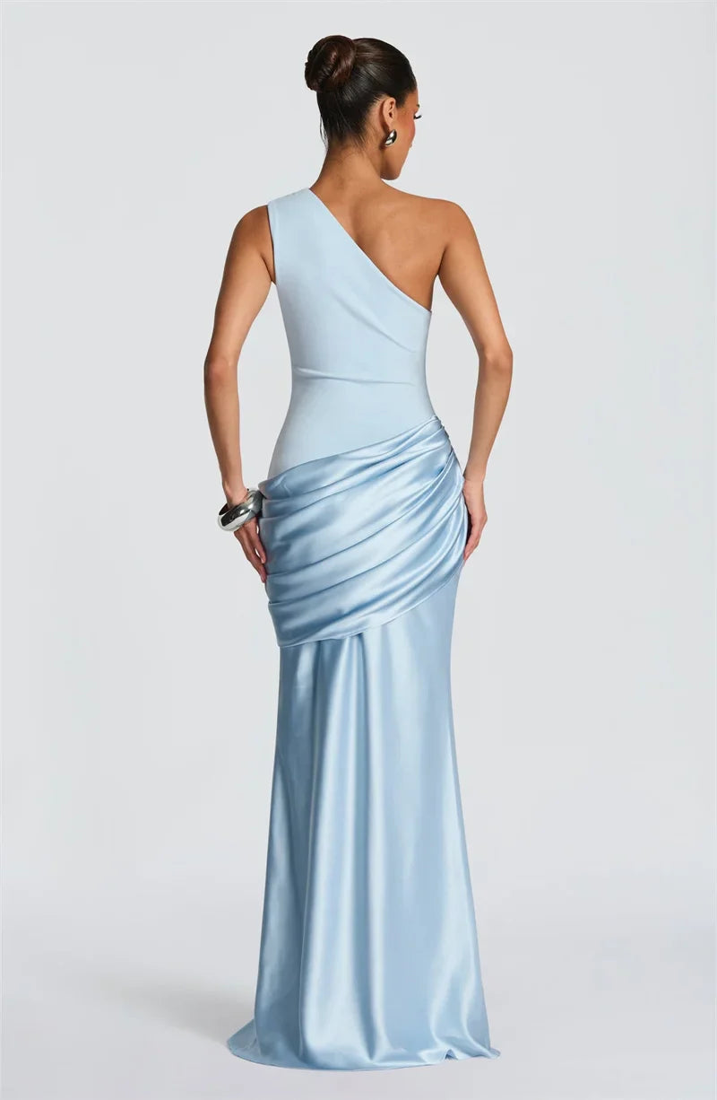 One-shoulder maxi dress with satin skirt and pleats - WENDI