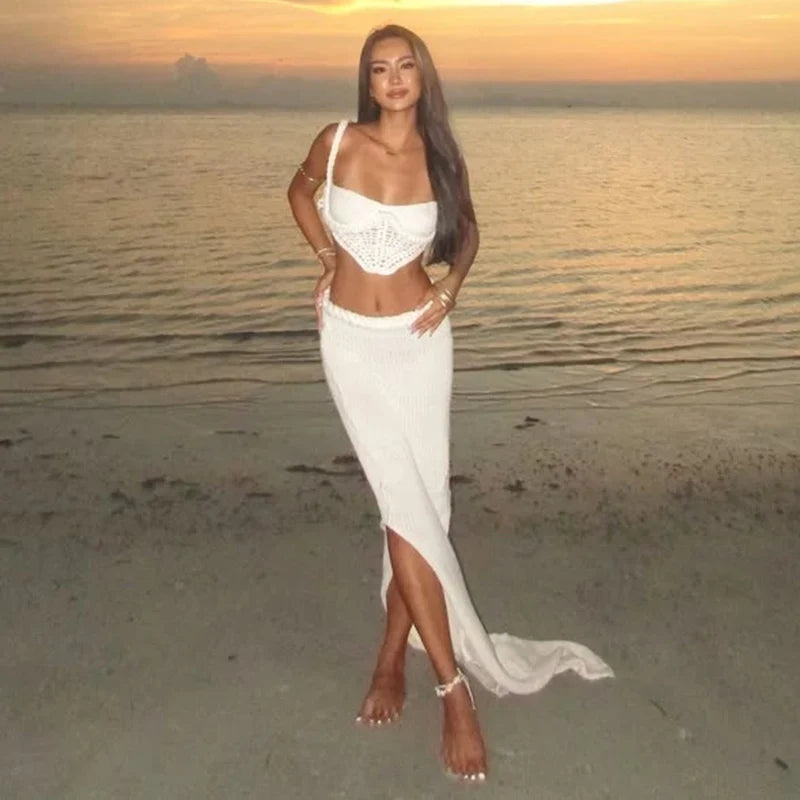 סט חוף סרוג שני חלקים טופ וחצאית מקסי - Aqua