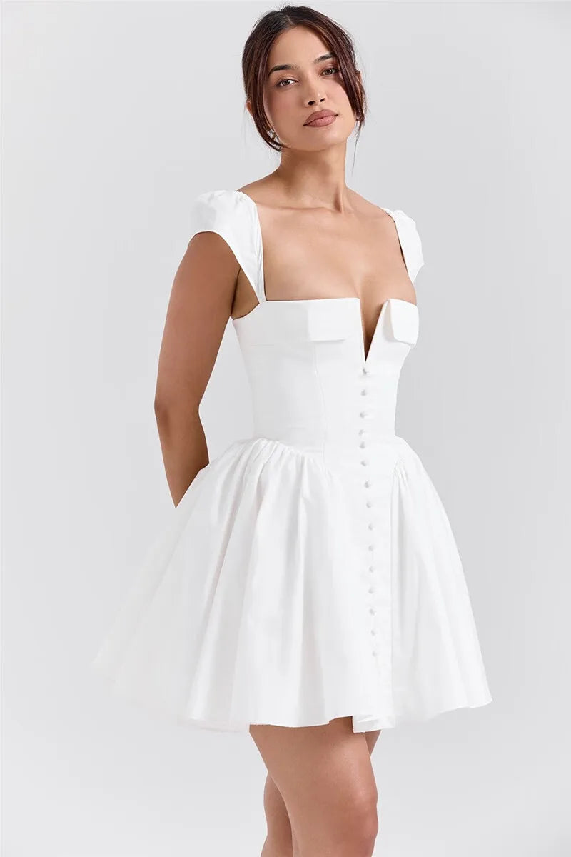 שמלת מיני בסגנון וינטג' כפרי בעיטור כפתורים וגב פתוח - הרמיוני