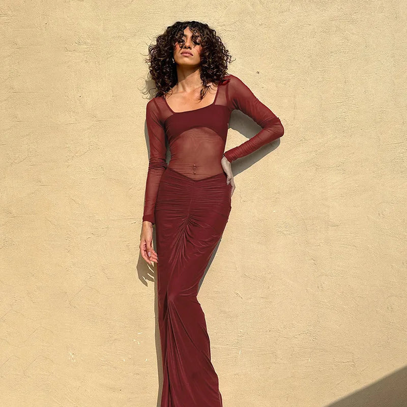 שמלת מקסי בעיצוב כיווצים ורשת - לאורן