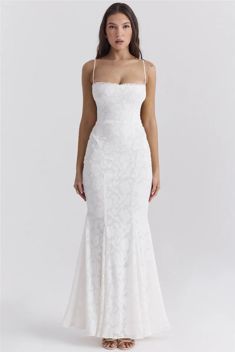 שמלת מקסי שיפון בעיטור רקמת עלים בעיצוב קשירה בגב - BLANCA