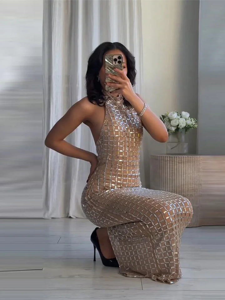 Strapless top/mini skirt/maxi dress/maxi dress with sparkling rhinestones