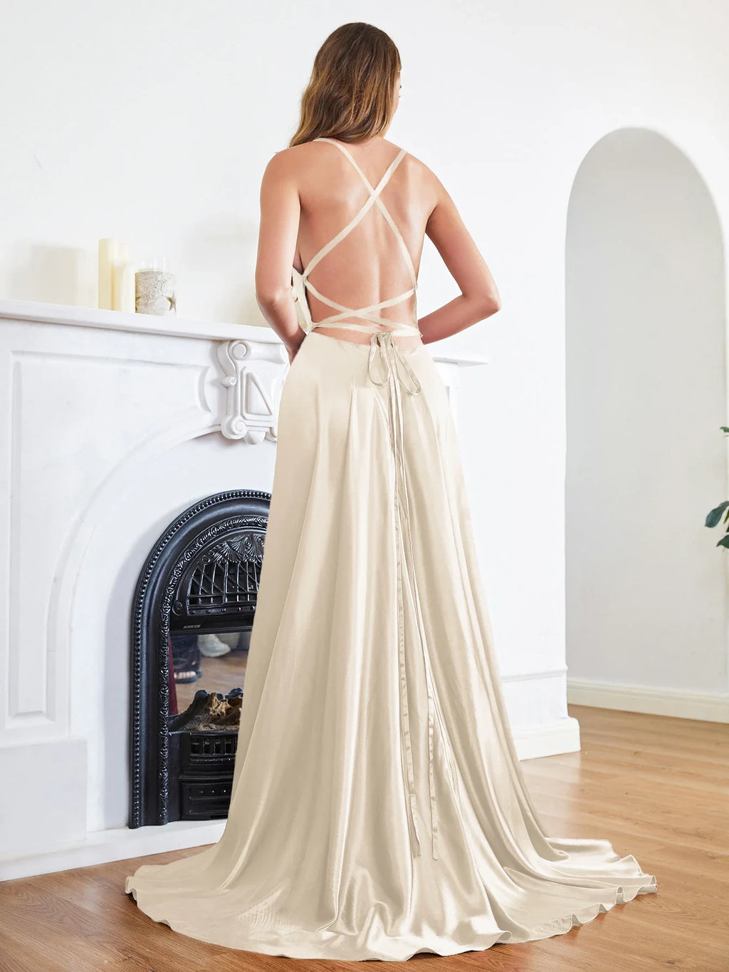 שמלת מקסי סאטן אלגנטית בעיטור שסע בגזרת A קשירה בגב - פרינס