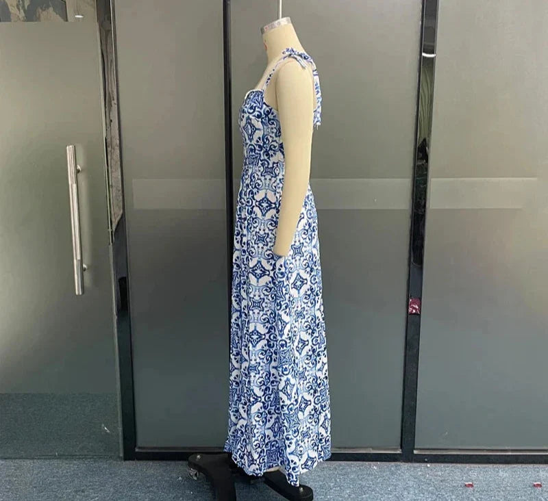 שמלת מקסי בסגנון יווני בעיצוב קשירות בכתפיות ושסע - אתנה