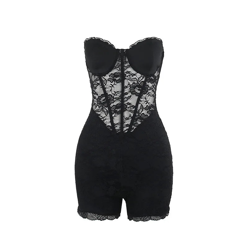 אוברול סטרפלס מכנסיים קצרים בעיטור מחוך תחרה - Alex