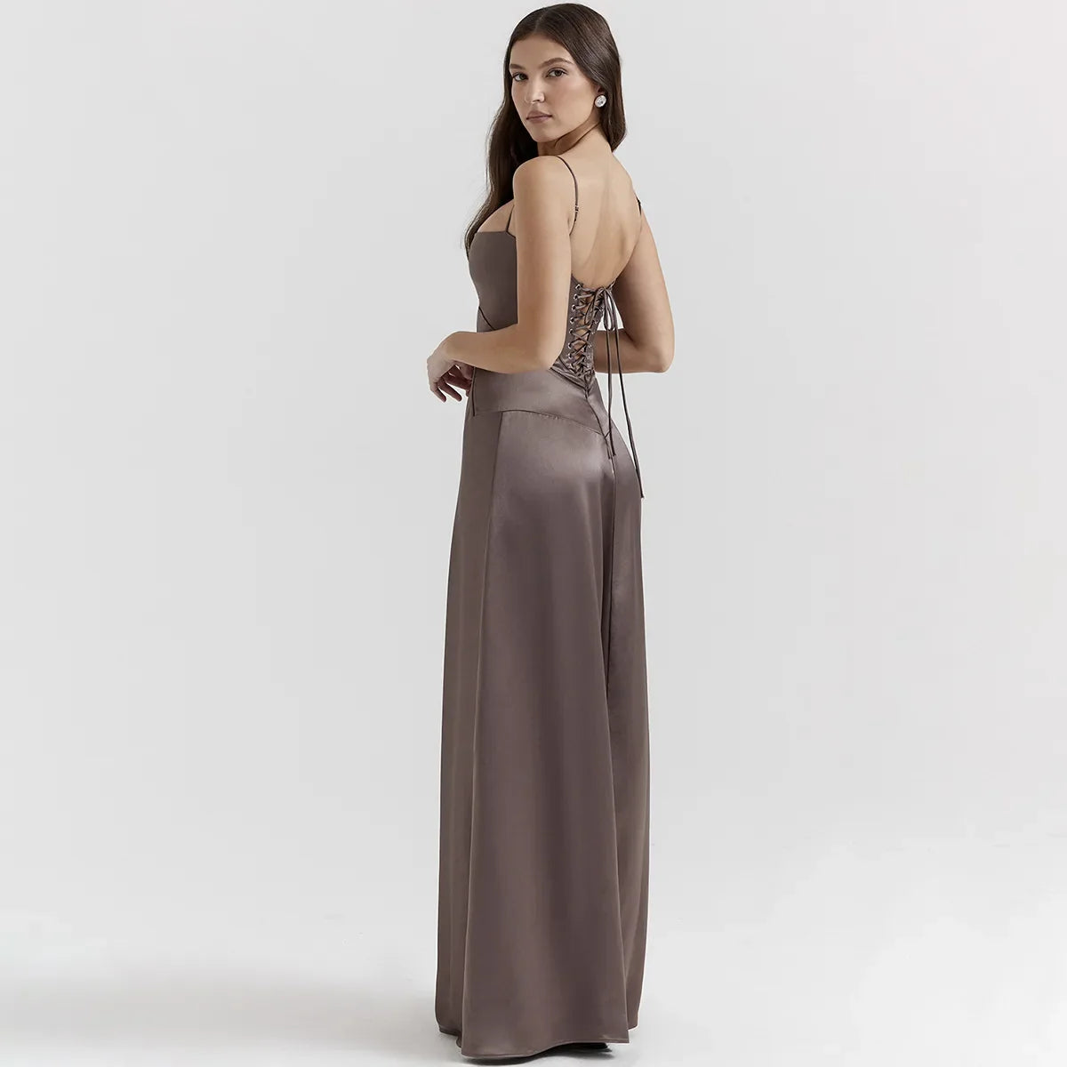 שמלת מקסי סאטן קשירה בגב להצמדה במותן - Lilia