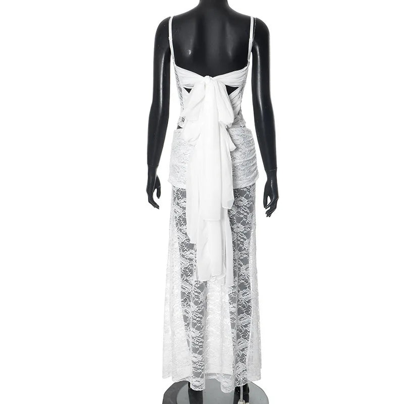 סט תחרה שני חלקים טופ גופיה קשירות בגב וחצאית מקסי - רייצ'ל