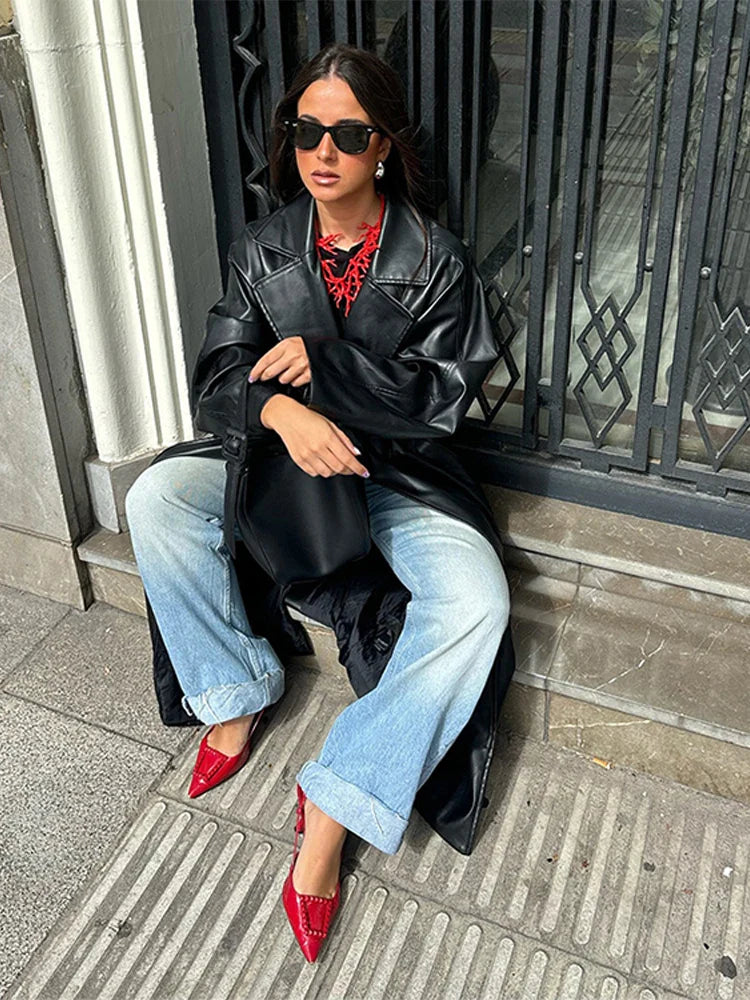 מעיל עור ארוך בשילוב חגורת קשירה - סול