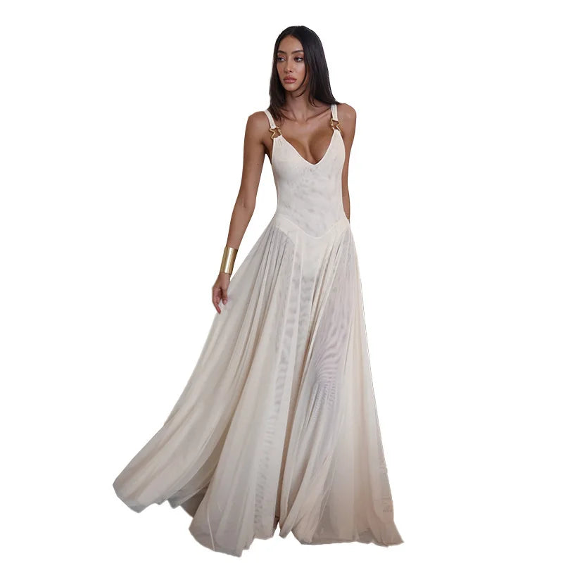 שמלת מקסי שיפון בעיטור אבזמים בכתפיות - מריה