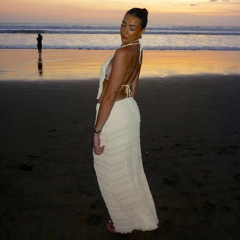 סט שני חלקים בעיצוב שיפון וכיווצים טופ קשירה וחצאית מקסי - אורורה