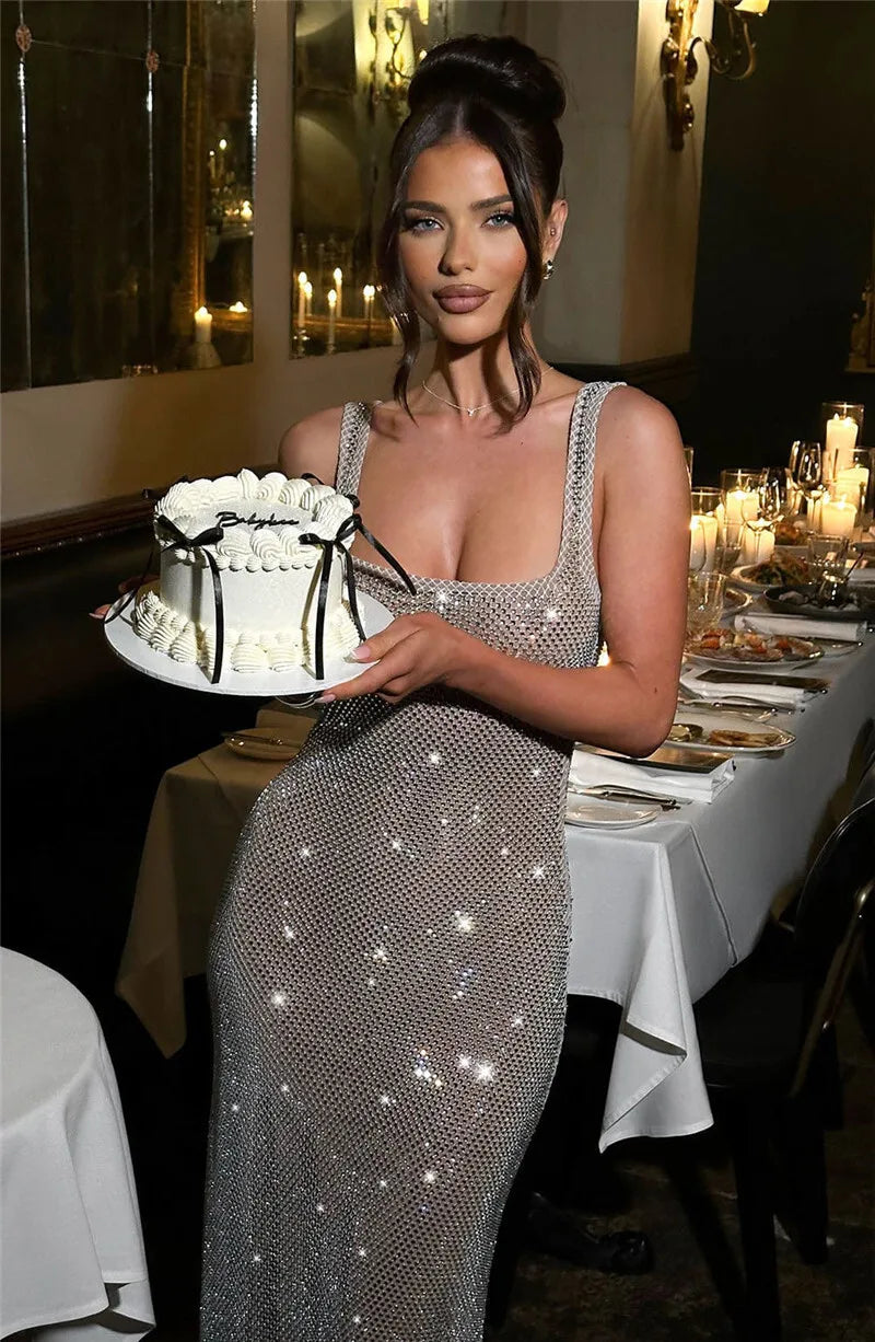 שמלת מקסי רשת בעיטור זרקונים מנצנצים בשילוב תחתית - Isla