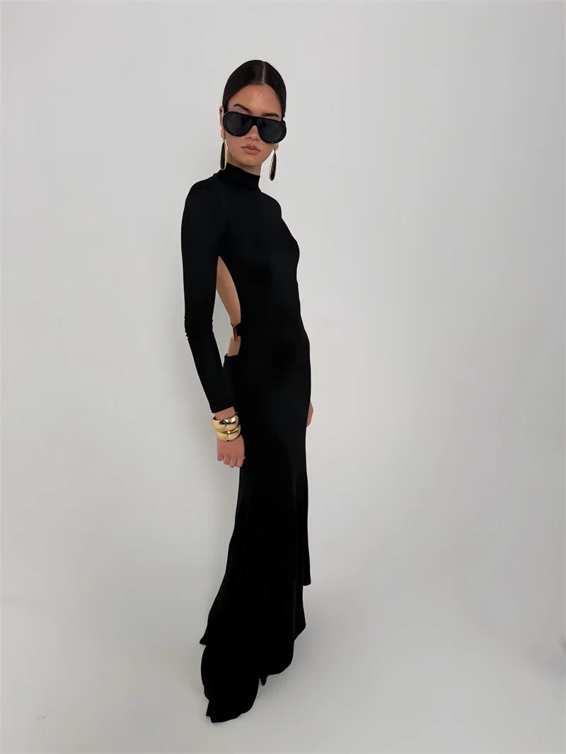 Maxi turtleneck dress with open back and buckle - EINAT