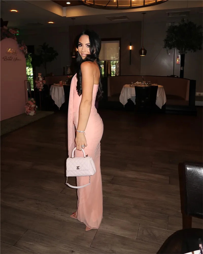 סט שני חלקים טופ סטרפלס וחצאית מקסי בעיטור צעיף תואם - פרנסיה