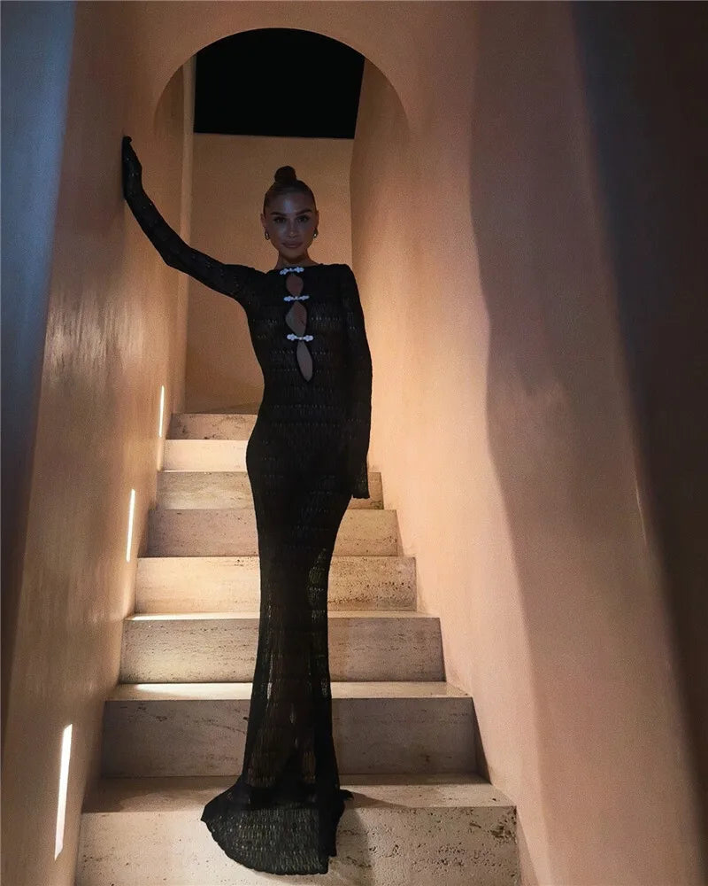 שמלת מקסי חוף סרוגה בעיטור סיכות בעיטור קשירה בגב פתוח - Mikayla