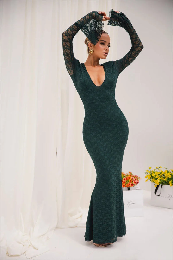 Bell Sleeve Lace Maxi Dress V Neckline - Zohara