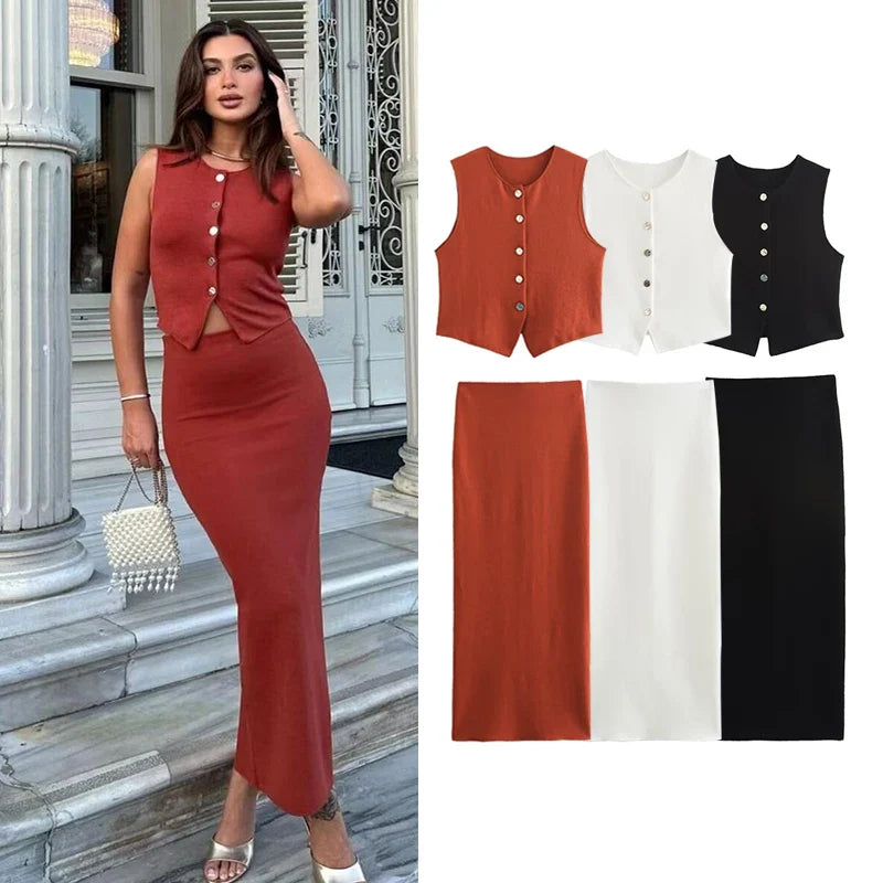 סט שני חלקים סרוג ווסט כפתורים וחצאית מקסי - פולינה