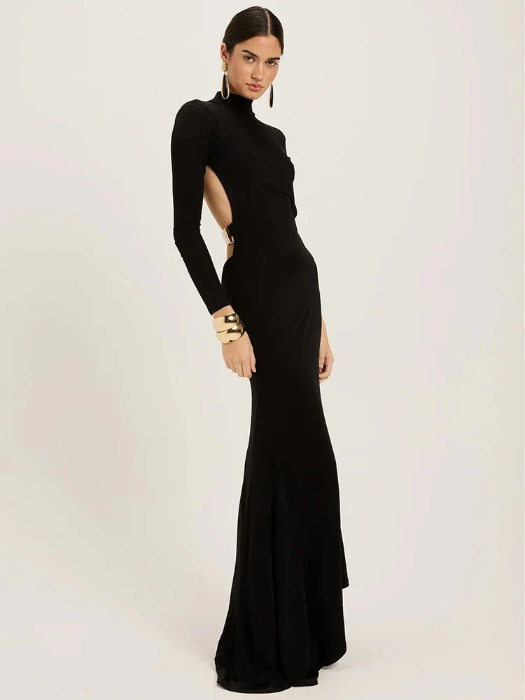 Maxi turtleneck dress with open back and buckle - EINAT