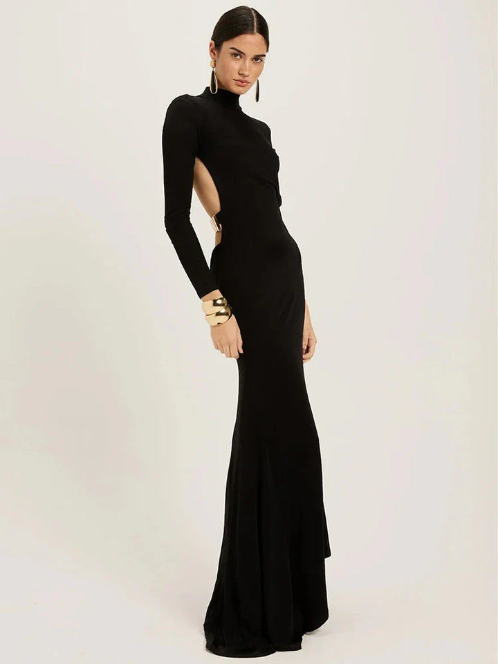 Maxi turtleneck dress with open back and buckle - EINAT