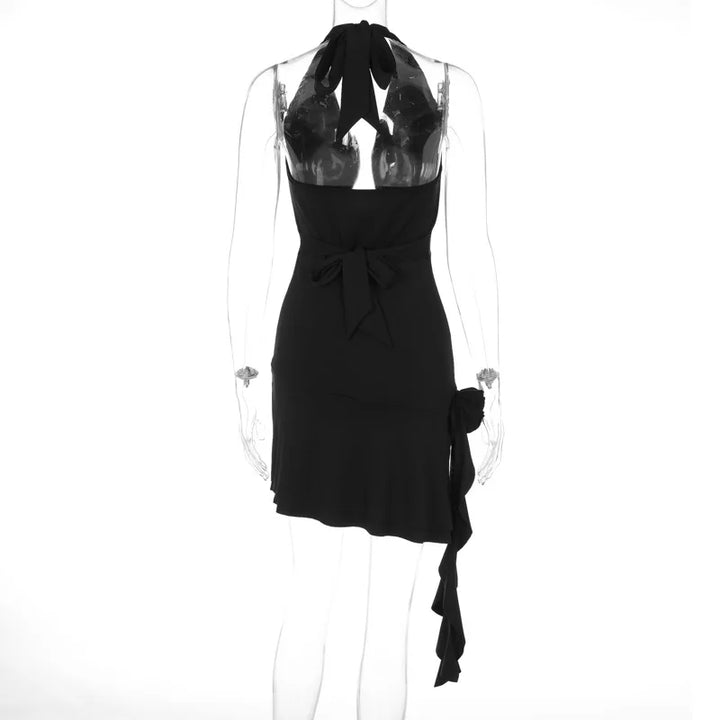 Ruffle mini dress with draped collar and flower detail - MARIELLA