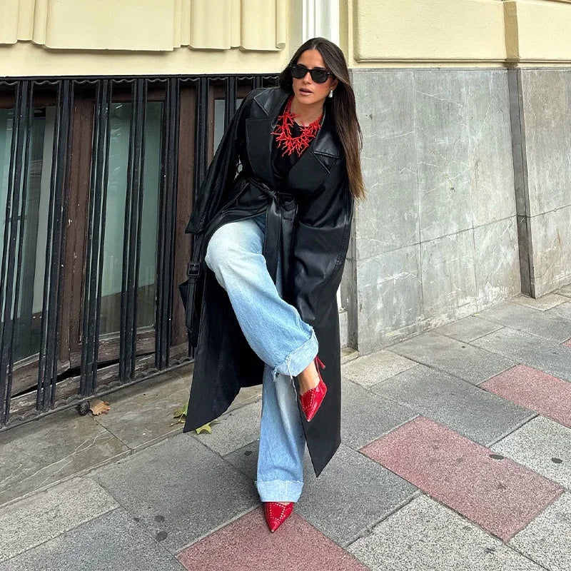 מעיל עור ארוך בשילוב חגורת קשירה - סול