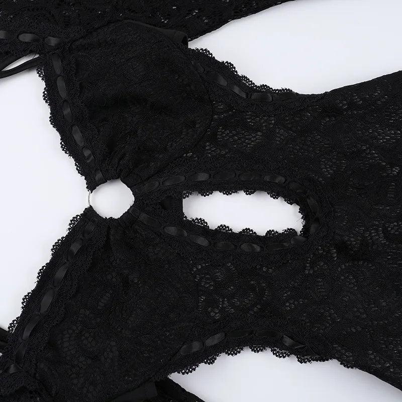 אוברול תחרה קצר שרוולים ארוכים בעיצוב חישוק וגב פתוח - Hunter