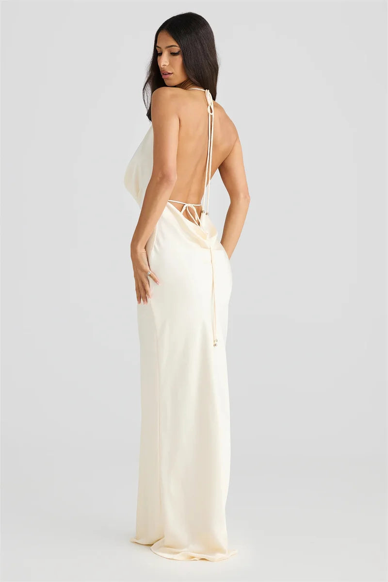שמלת מקסי סאטן גב פתוח צווארון נופל - פאולה