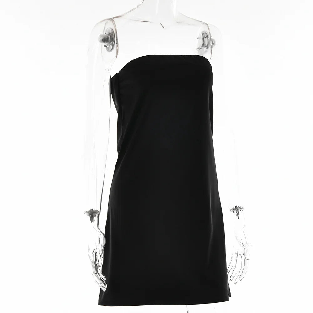 שמלת מיני סטרפלס סאטן - סקיי