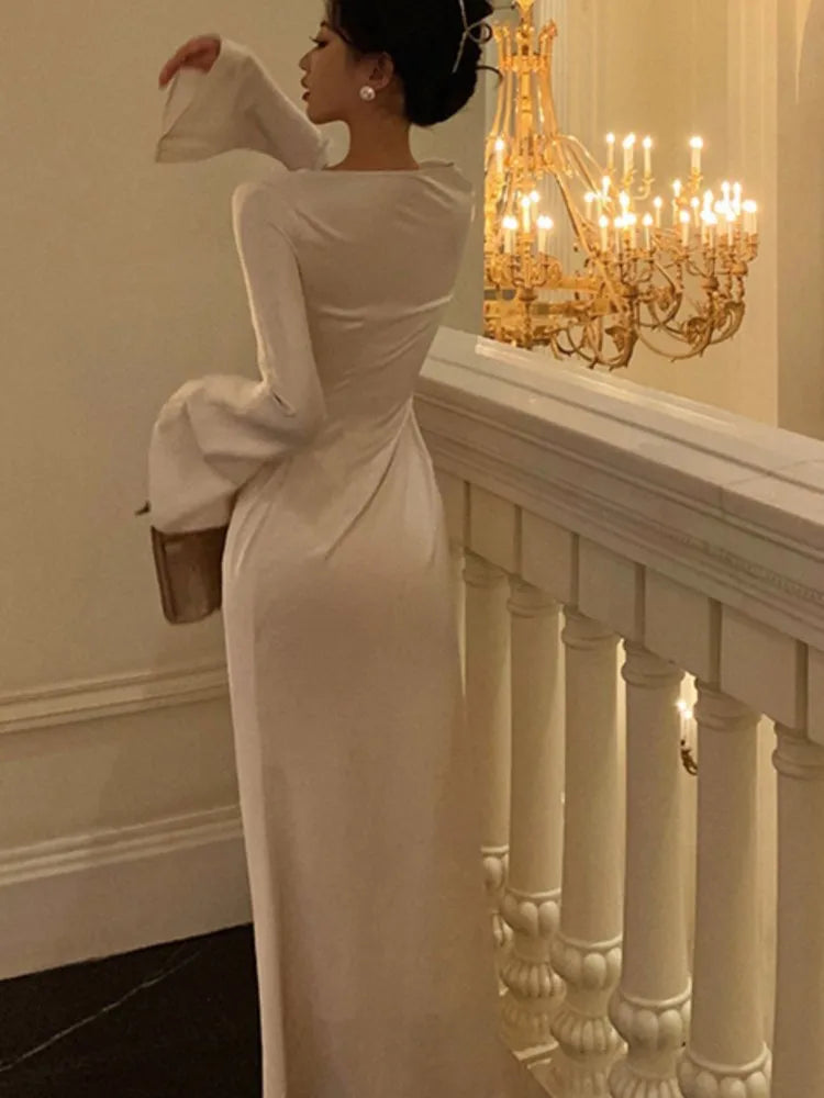 שמלת ערב מקסי סאטן אלגנטית שרוולי פעמון - סהר