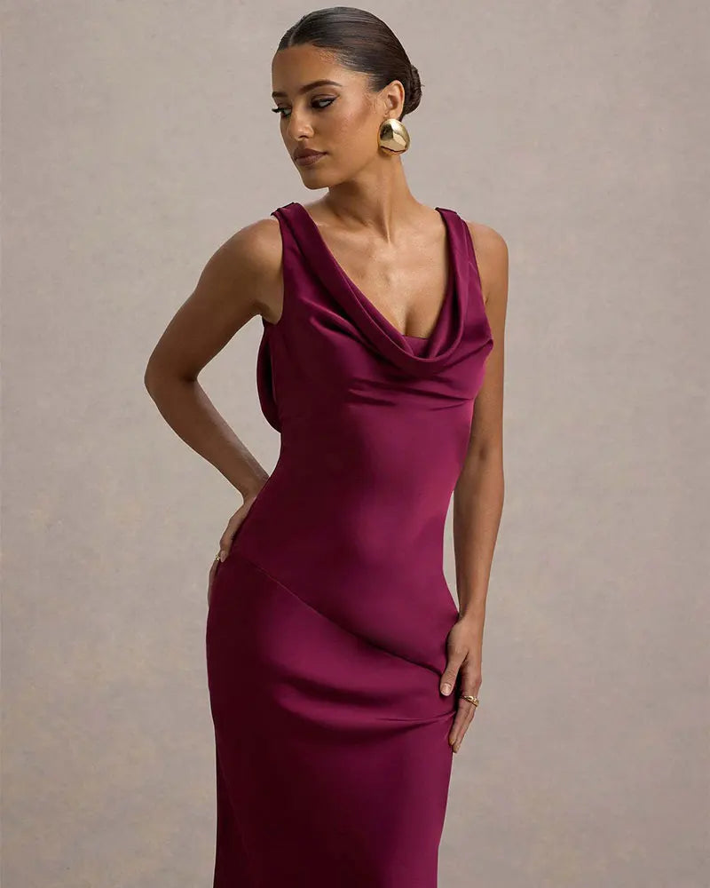 שמלת מקסי סאטן בעיצוב צווארון נופל וגב פתוח - אלקסיס