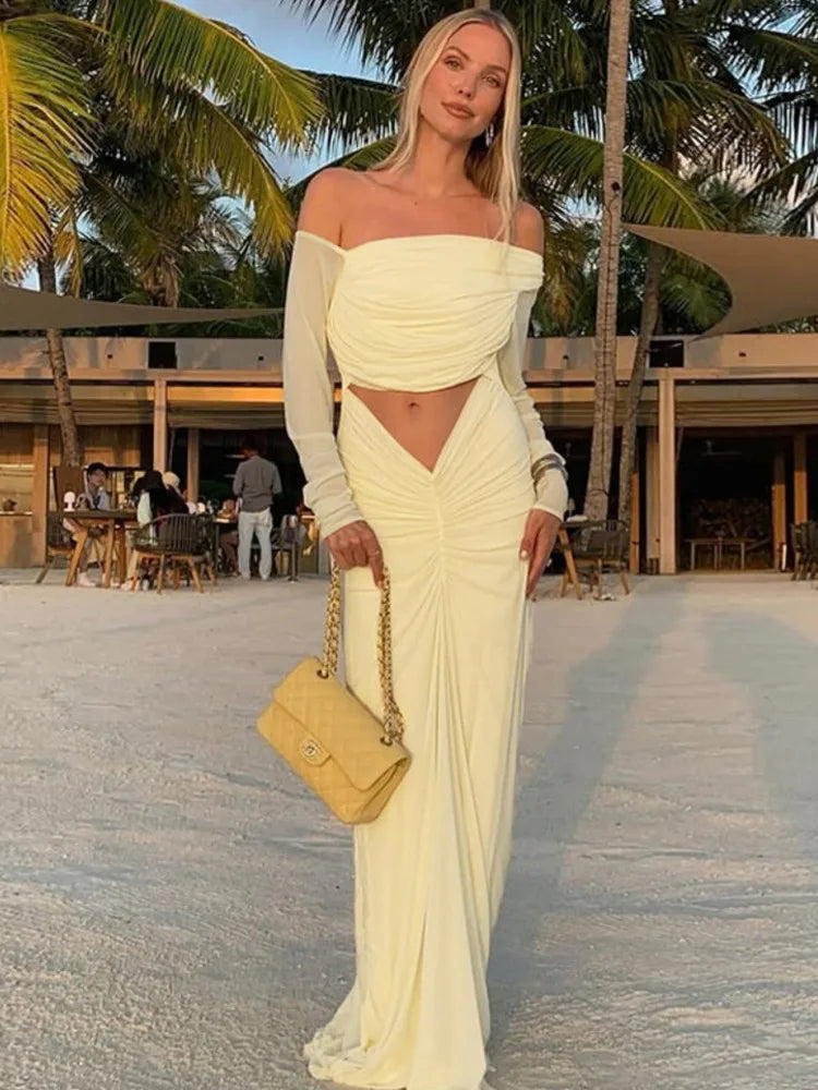 שמלת מקסי כיווצים בעיצוב פתח ושרוולי רשת כתפיים חשופות - אורה