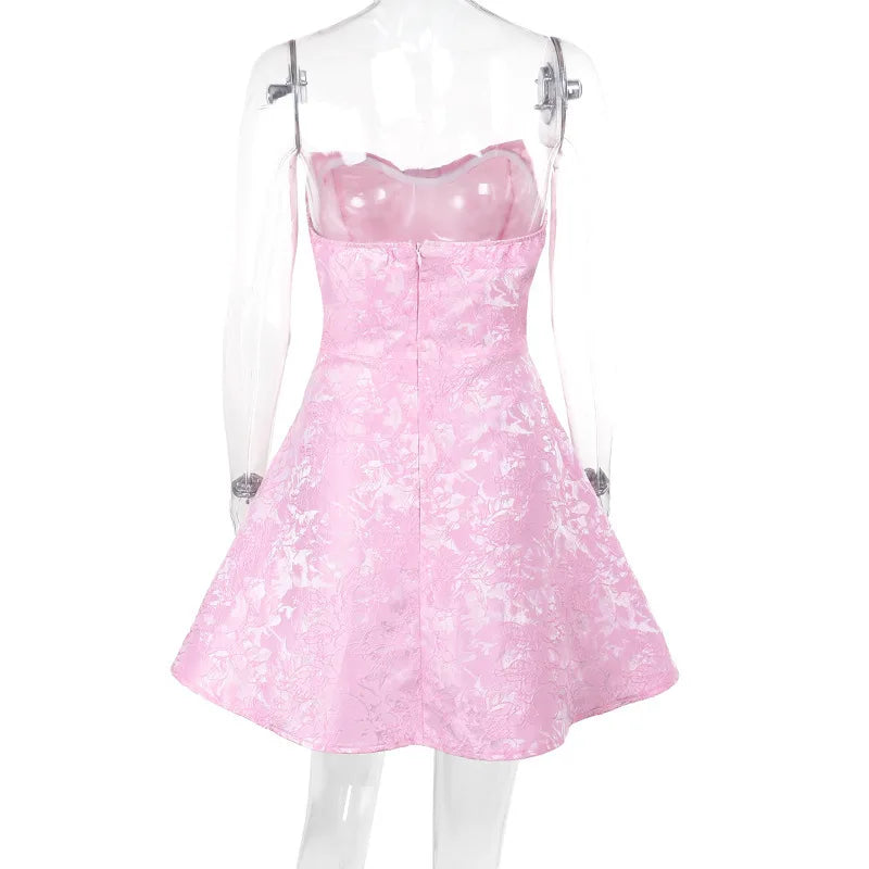 שמלת מיני סטרפלס בגזרת A בעיטור פפיון ורקמת איורי פרחים - אלינה