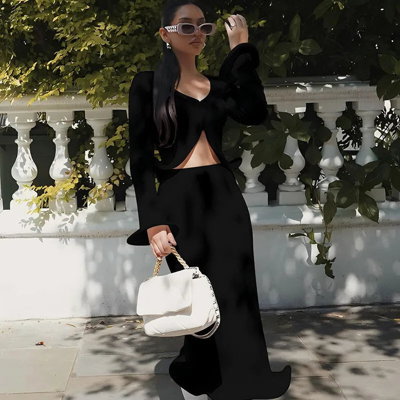 סט שני חלקים סרוג חולצה בסגירת כפתורים וחצאית מקסי - PARIS