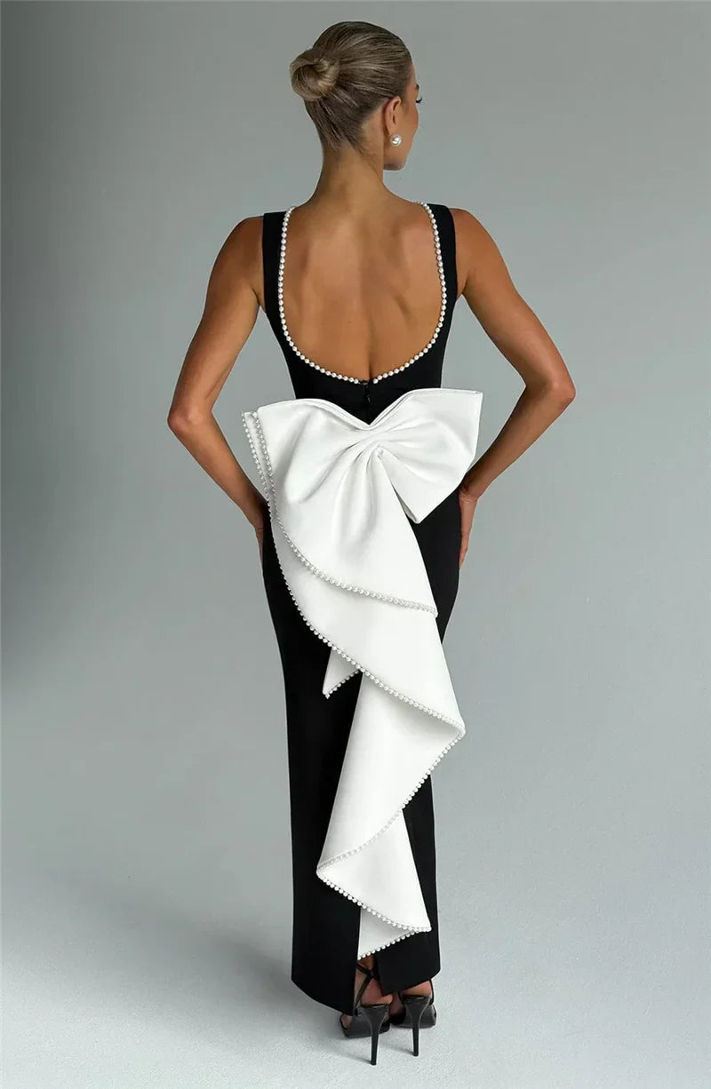 שמלת מקסי אלגנטית גב פתוח בעיטור פפיון ופנינים  - אלברטה