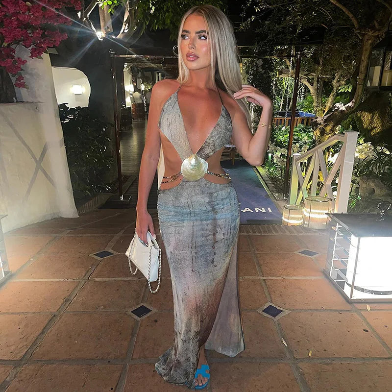 שמלת מקסי שיפון בעיטור שרשראות חרוזים וצדפת זהב - פלישיה